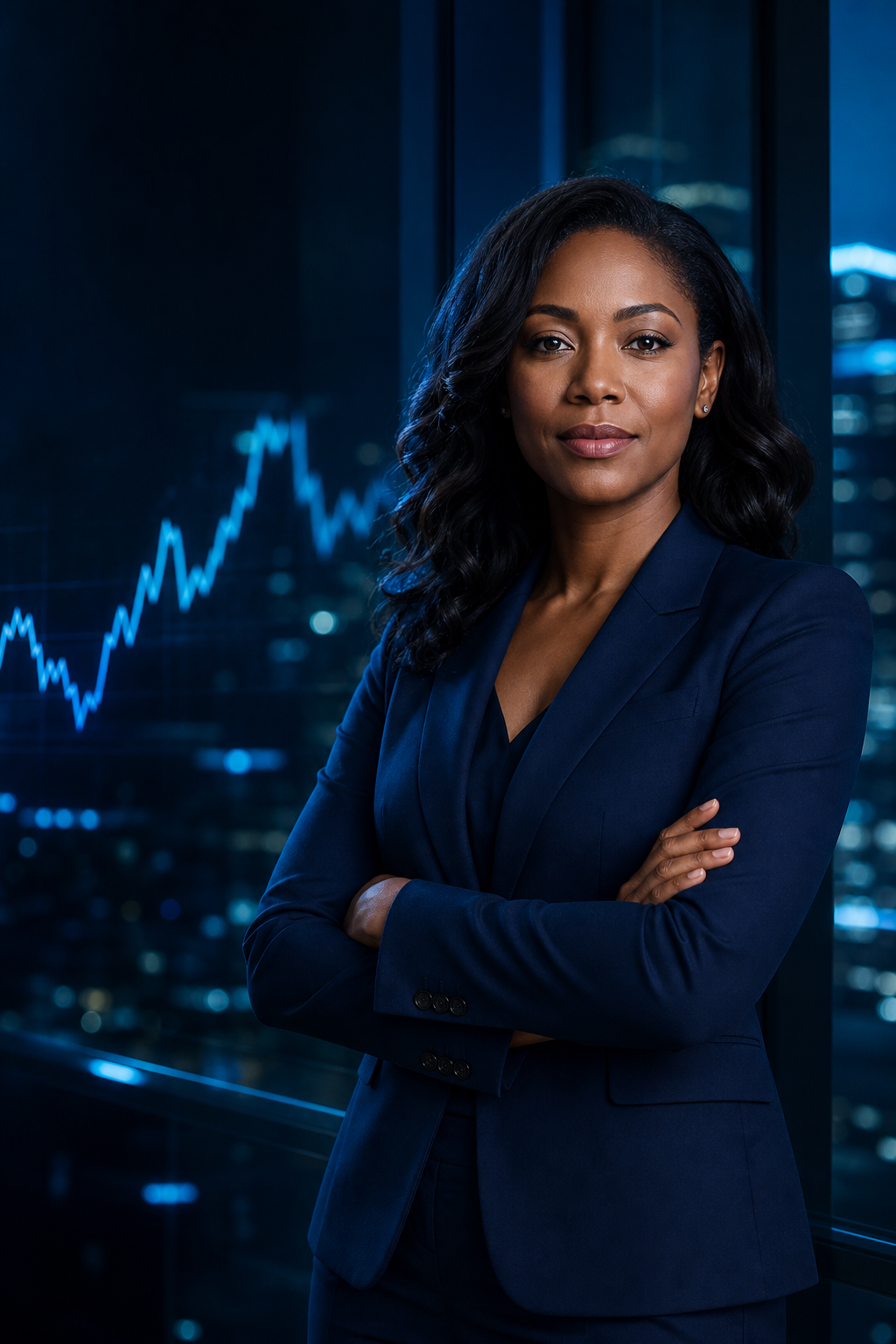 Professional trader in a navy suit beside a rising market chart